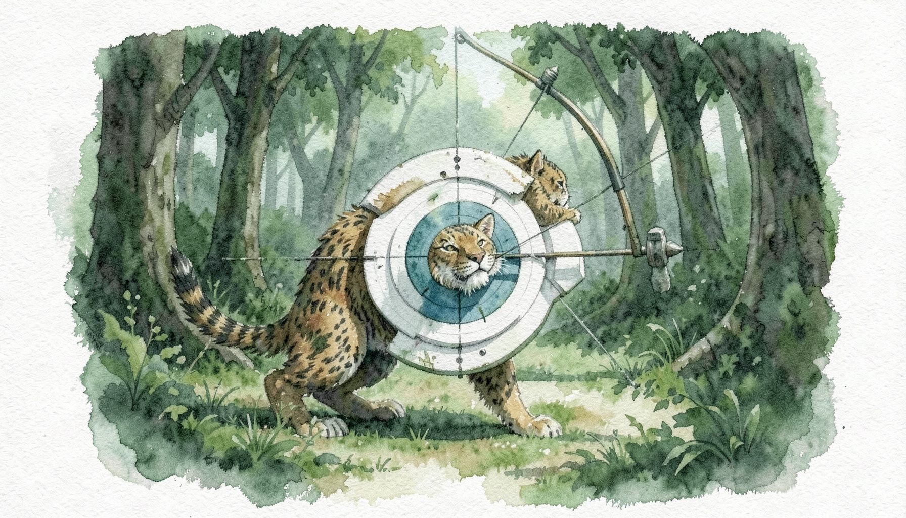 Cible de tir à l'arc 3D en forme d'animal sauvage posée dans une clairière boisée, ambiance naturelle et sereine