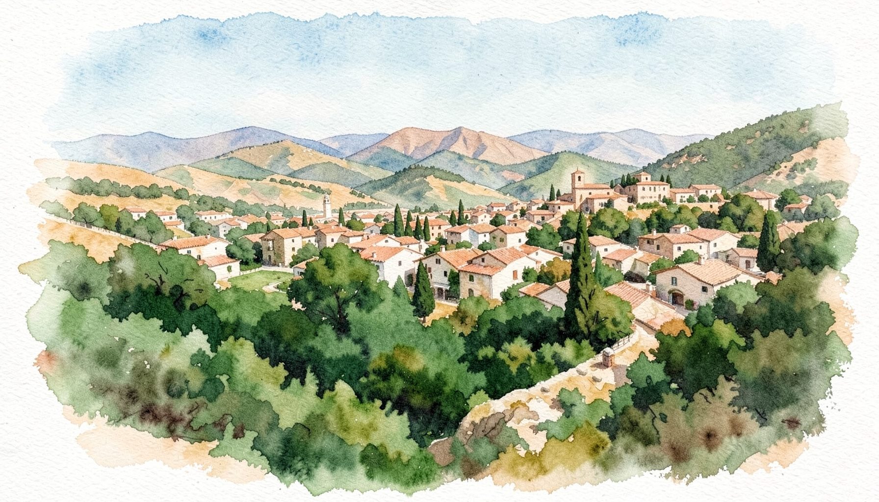 Vue panoramique du village de Robion avec le Luberon en arrière-plan, tons ocres et verts sous un ciel bleu pâle