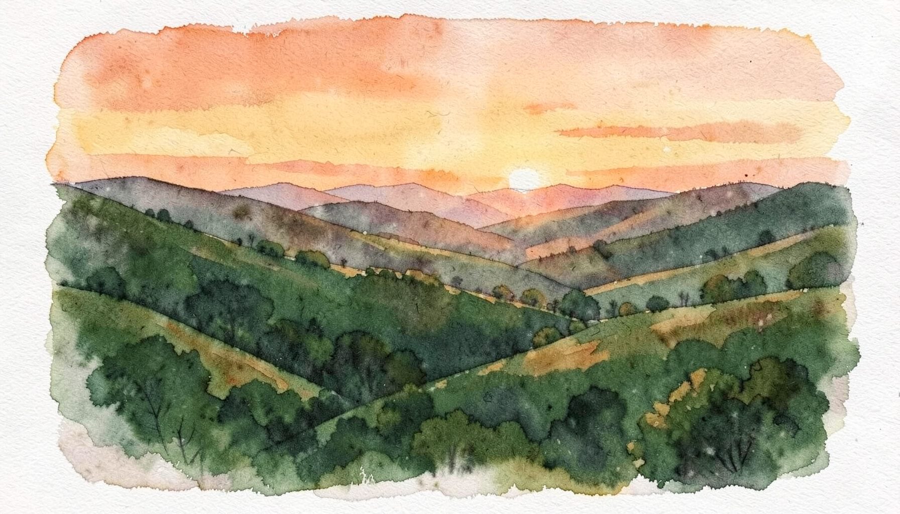 Large panorama des collines du Vaucluse au coucher du soleil, tons chauds orangés et verts adoucis, ambiance paisible